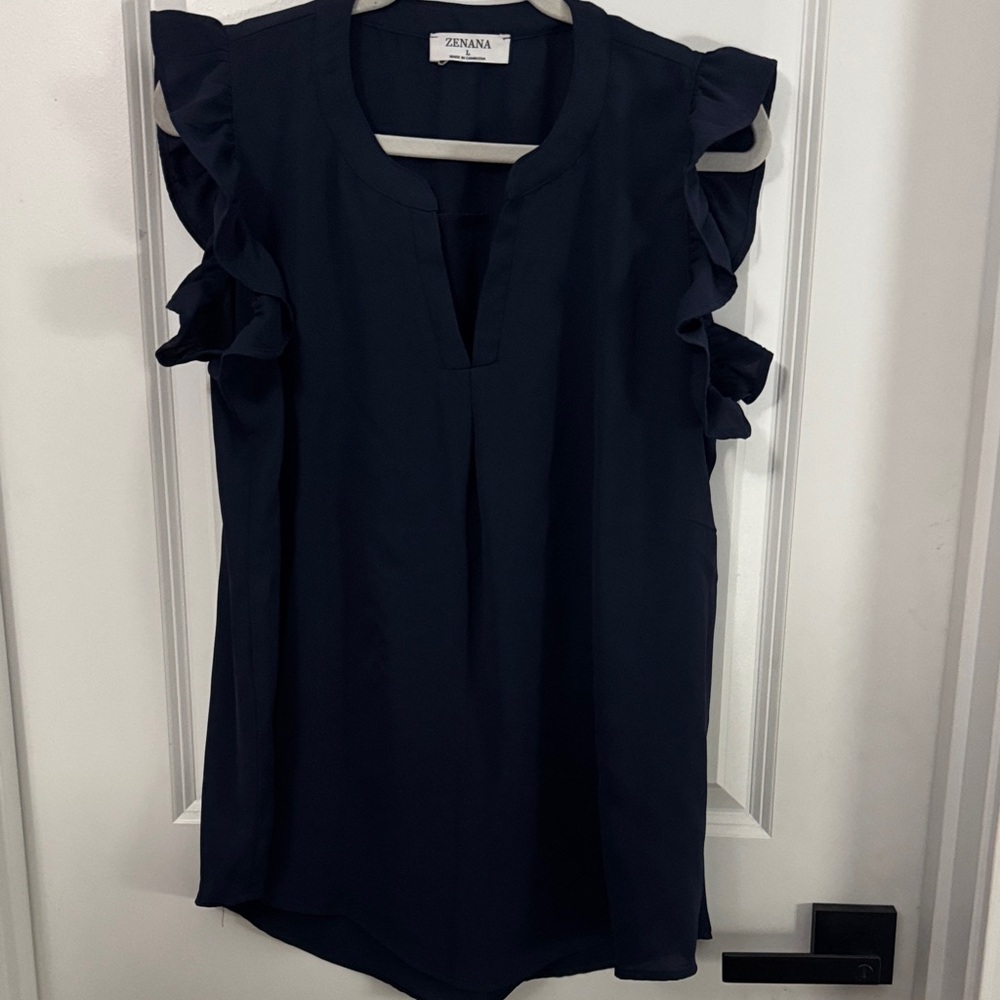 Zenana Outfitters Navy Ruffle Sleeve Blouse